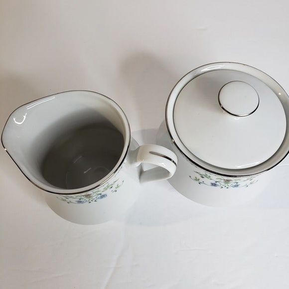 Vtg Cotillion Juliet White with Silver Green Dainty Floral Sugar & Creamer Set - Picture 2 of 11